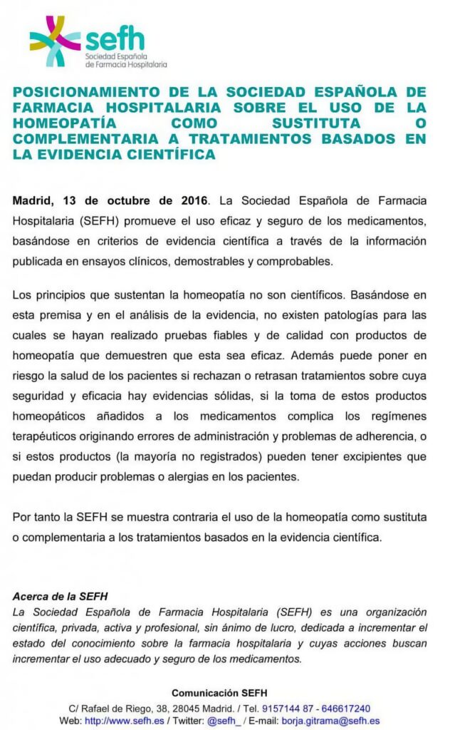 Comunicado de la SEFH sobre la homeopatía.