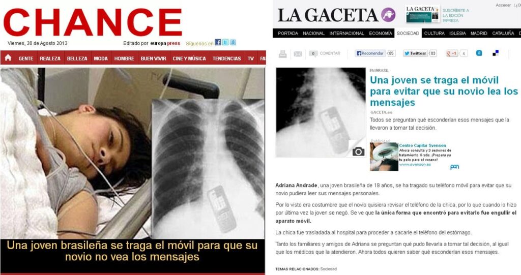 La 'noticia' de la joven que se traga el móvil, en las webs de Europa Press y 'La Gaceta'.