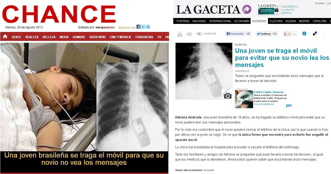 Dan como noticia una historia humorística de una joven que se traga un móvil