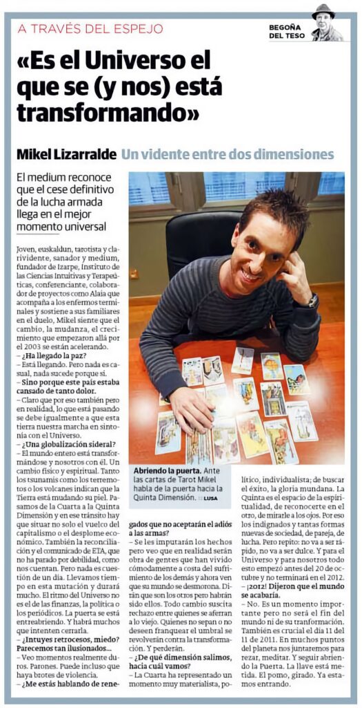 Entrevista al vidente y médium Mikel Lizarralde publicada en 'El Diario Vasco'.