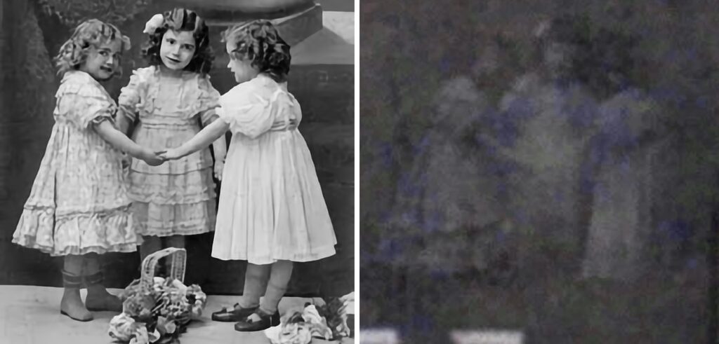 La presunta foto original de las niñas fantasma, según Iker Jiménez, y las pequeñas oscurecidas, recortadas, bajadas de resolución y pegadas en el cementerio de Navalperal de Pinares.