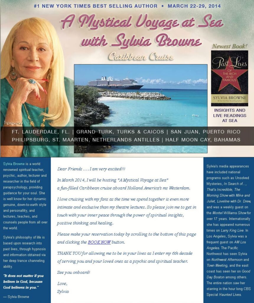 Anuncio del crucero por el Caribe con Sylvia Browne al que la vidente ya no acudirá por haber muerto.