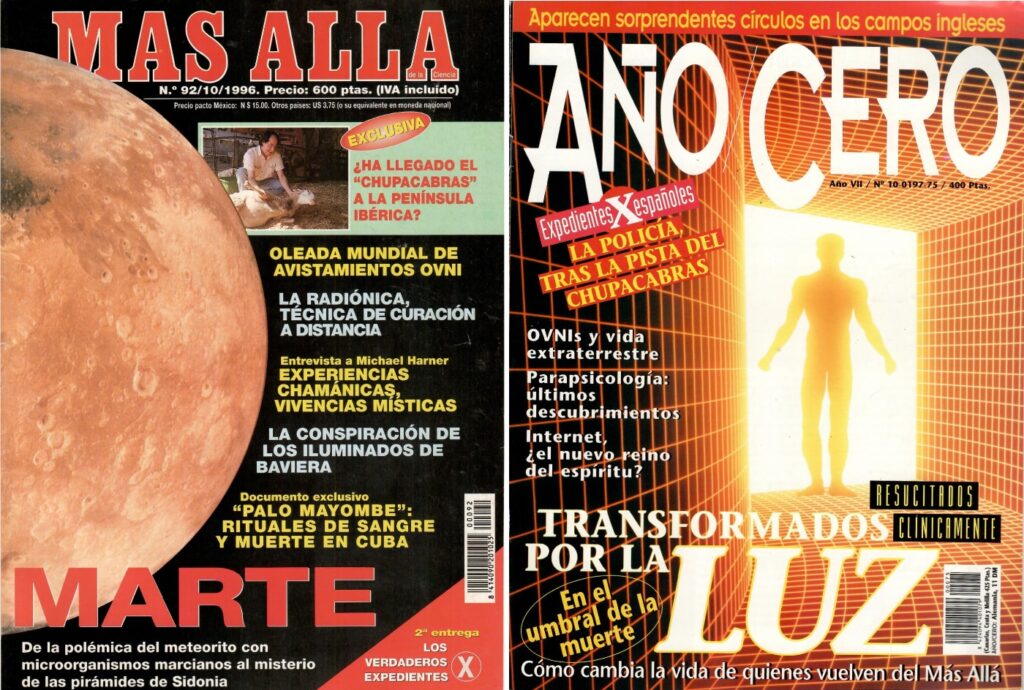 Portadas de los números de las revistas 'Más Allá' y 'Año Cero' en los que Javier Sierra y Bruno Cardeñosa contaron las andanzas del chupacabras por España.