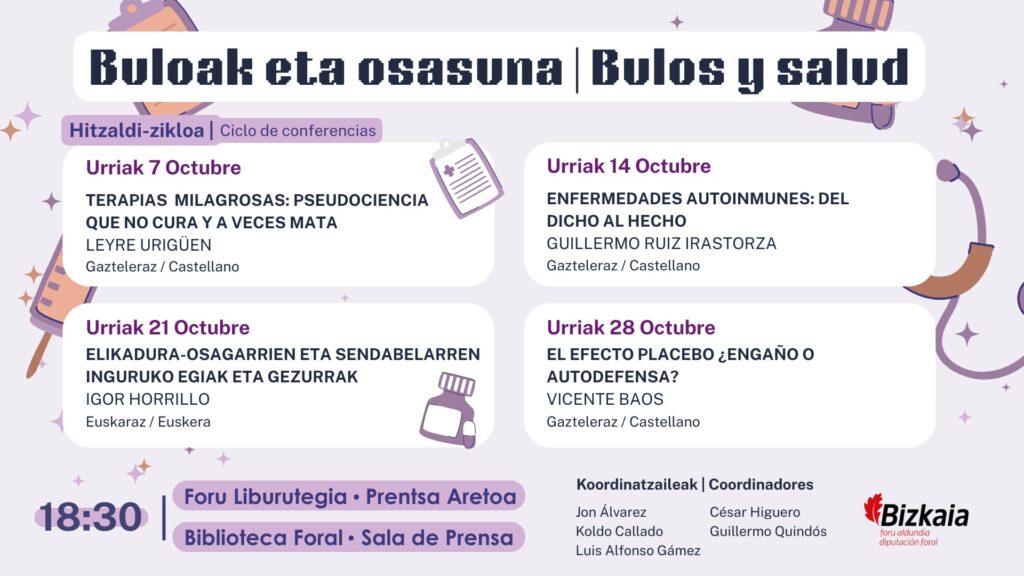 Cartel del ciclo de charlas 'Bulos y salud', organizado por el Círculo Escéptico para la Biblioteca Foral de Bizkaia.