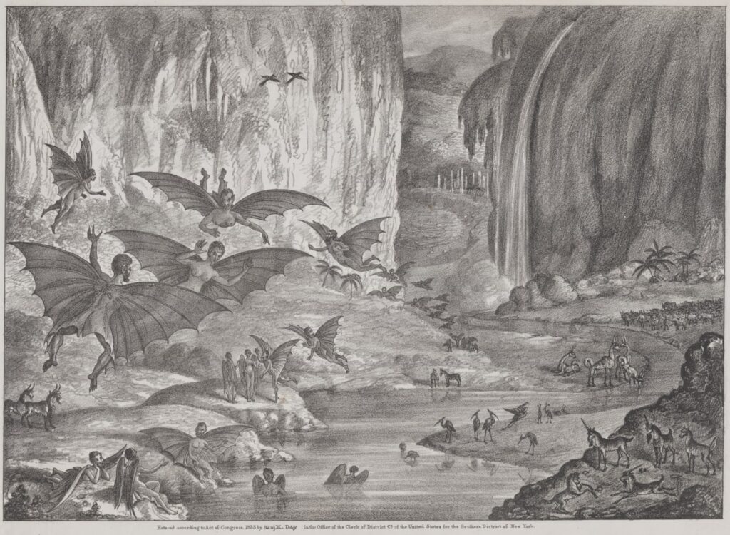 Los animales vistos en la Luna por John Herschel, en una ilustración de 'The Sun'. Imagen: Biblioteca del Congreso de Estados Unidos.