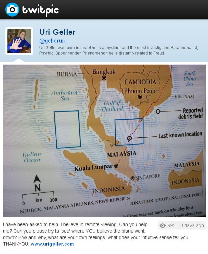 Mensaje de Uri Geller en Twitter en el que dice que le han pedido que encuentre los restos del Boeing 777 de Malaysia Airlines desaparecido cuando volaba entre Kuala Lumpur y Pekín.