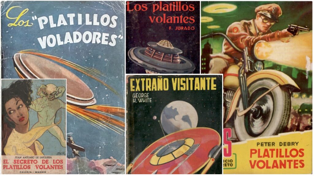 Libros españoles de ciencia ficción y sobre el fenómeno de los platillos volantes de la década de 1950. Colección Luis Alfonso Gámez