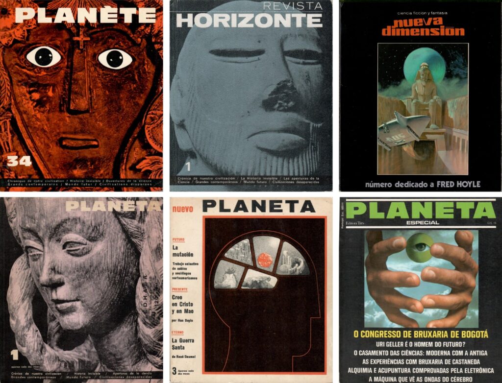 Portadas de la revista 'Planète', de algunas de sus versiones internacionales y de 'Nueva Dimensión'. Colección Luis Alfonso Gámez.