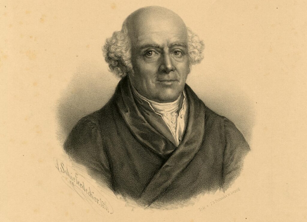 Litografía. de Samuel Hahnemann, inventor de la homeopatía, vestido con bata de casa en 1851. © Fideicomisarios del Museo Británico