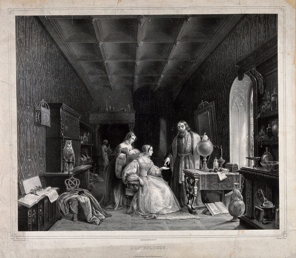 Un astrólogo lee el futuro a una mujer. Litografía (1835-1841) de J. Prat, basada en una obra de C. C. Renoux. Colección Wellcome.