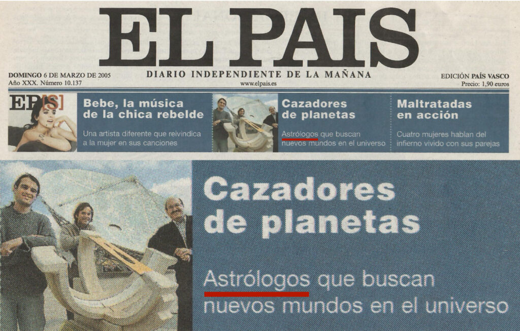 Primera página de 'El País’ del 5 de marzo de 2005 donde se llama astrólogos a los astrónomos.