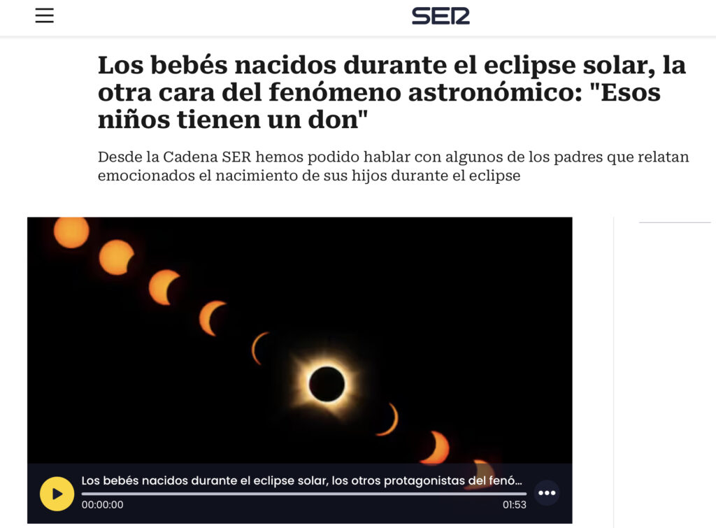 Información de la cadena SER que atribuye dones especiales a los niños nacidos durante un eclipse de Sol.